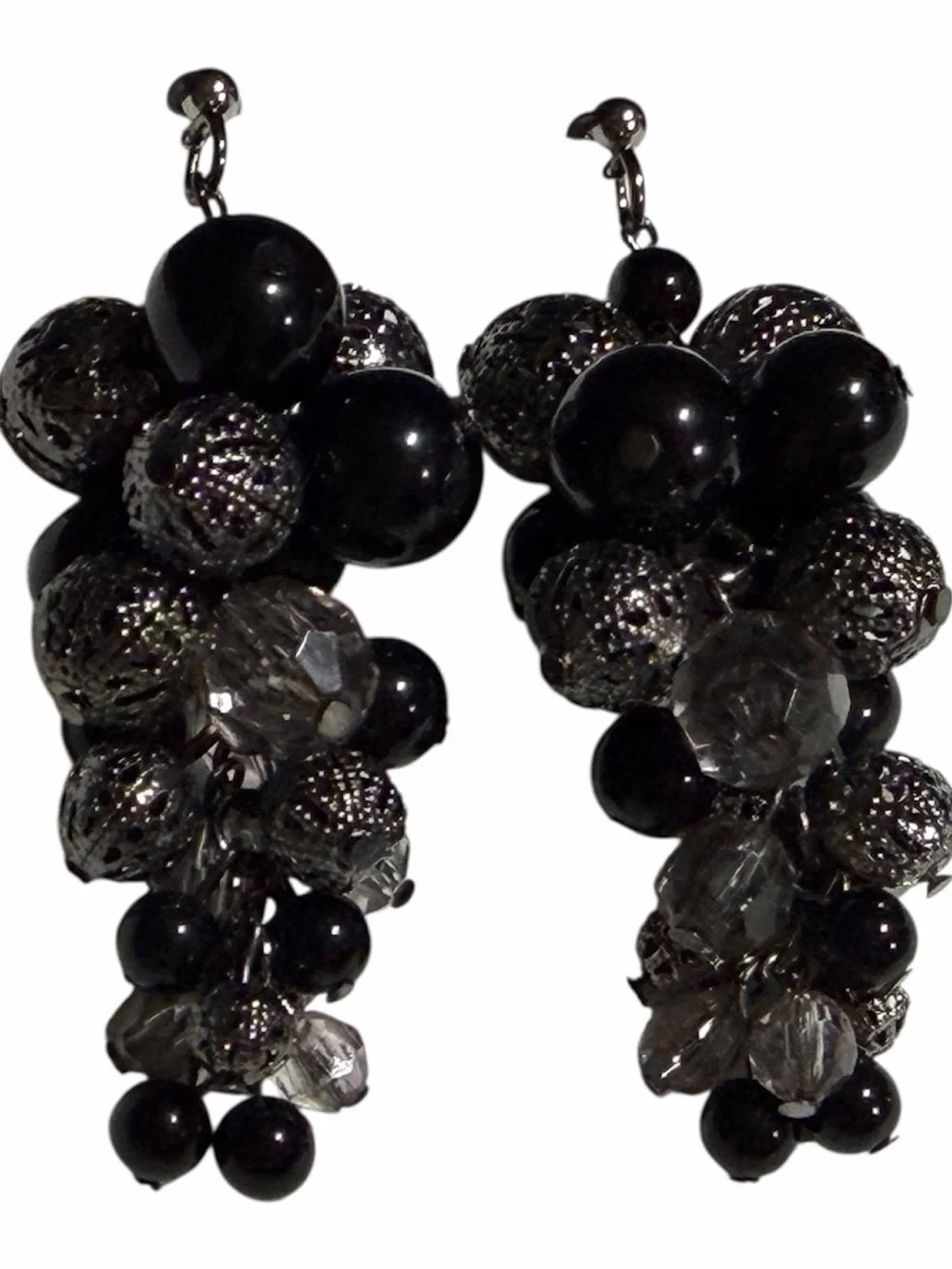 Beaded Cluster Dangle Earrings Cha Cha Black Clear Gunmetal Whimsigoth